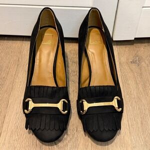 14th & Union Black Suede Fringed Block Heel Loafers Gold Buckle Women's Shoes 6M